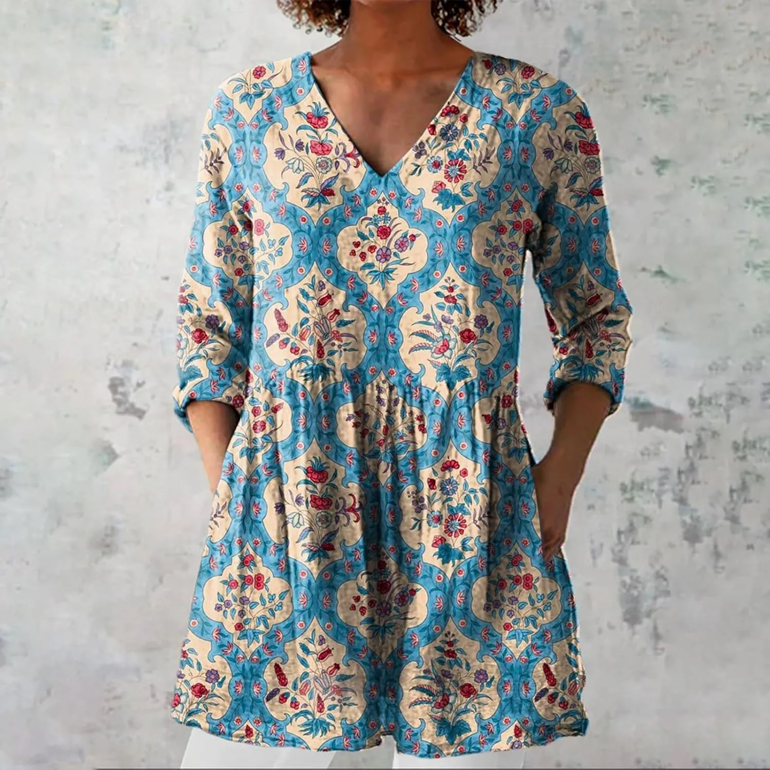Cotton Linen Boho Tops for Women Casual Vintage Long Sleeve Shirt Floral Graphic V Neck Blouses Vacation Tunics