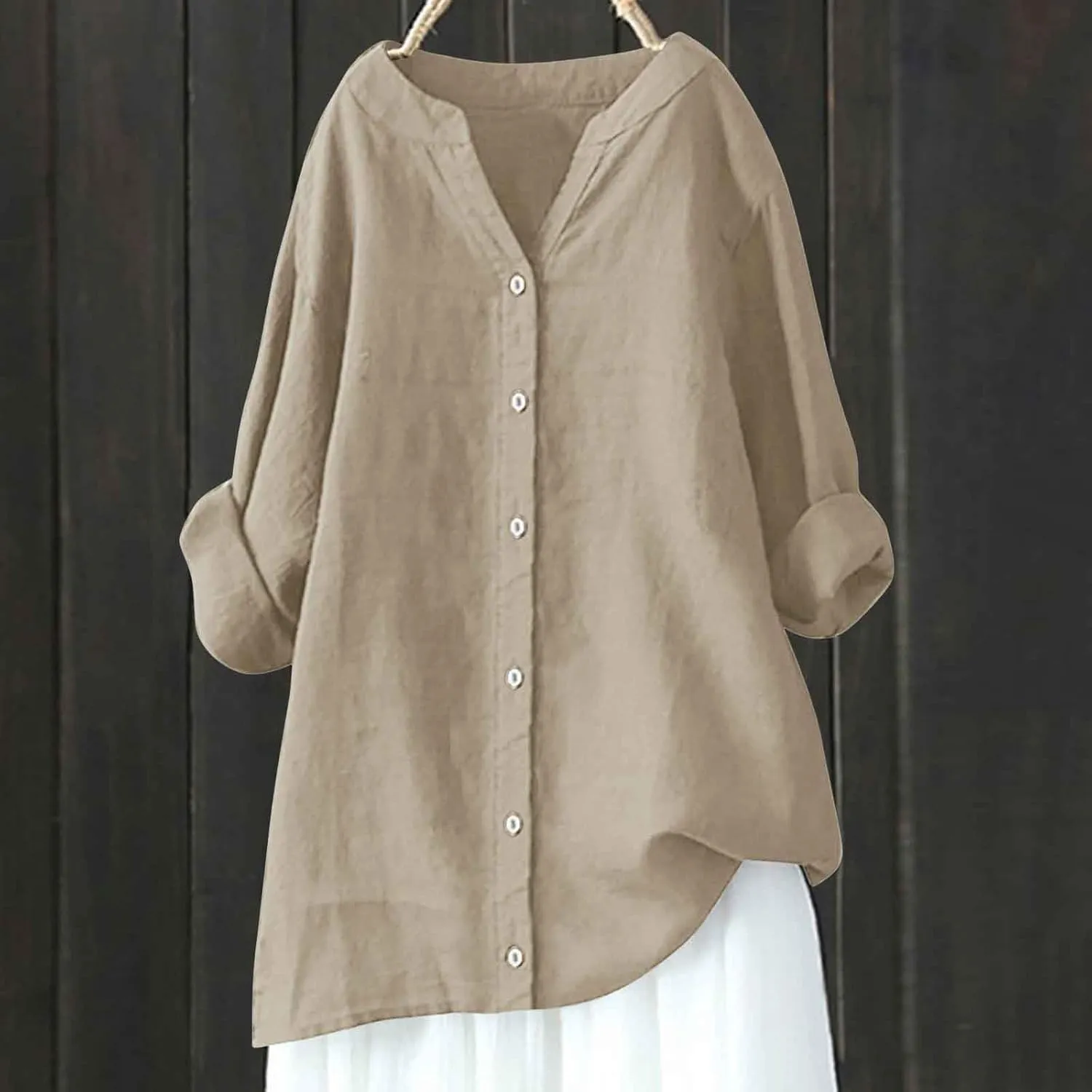 Cotton Linen Shirts for Women 2025 Buttons V Neck Long Sleeve Tshirt Plus Size Loose Blouses Dressy Casual Tunic Tops