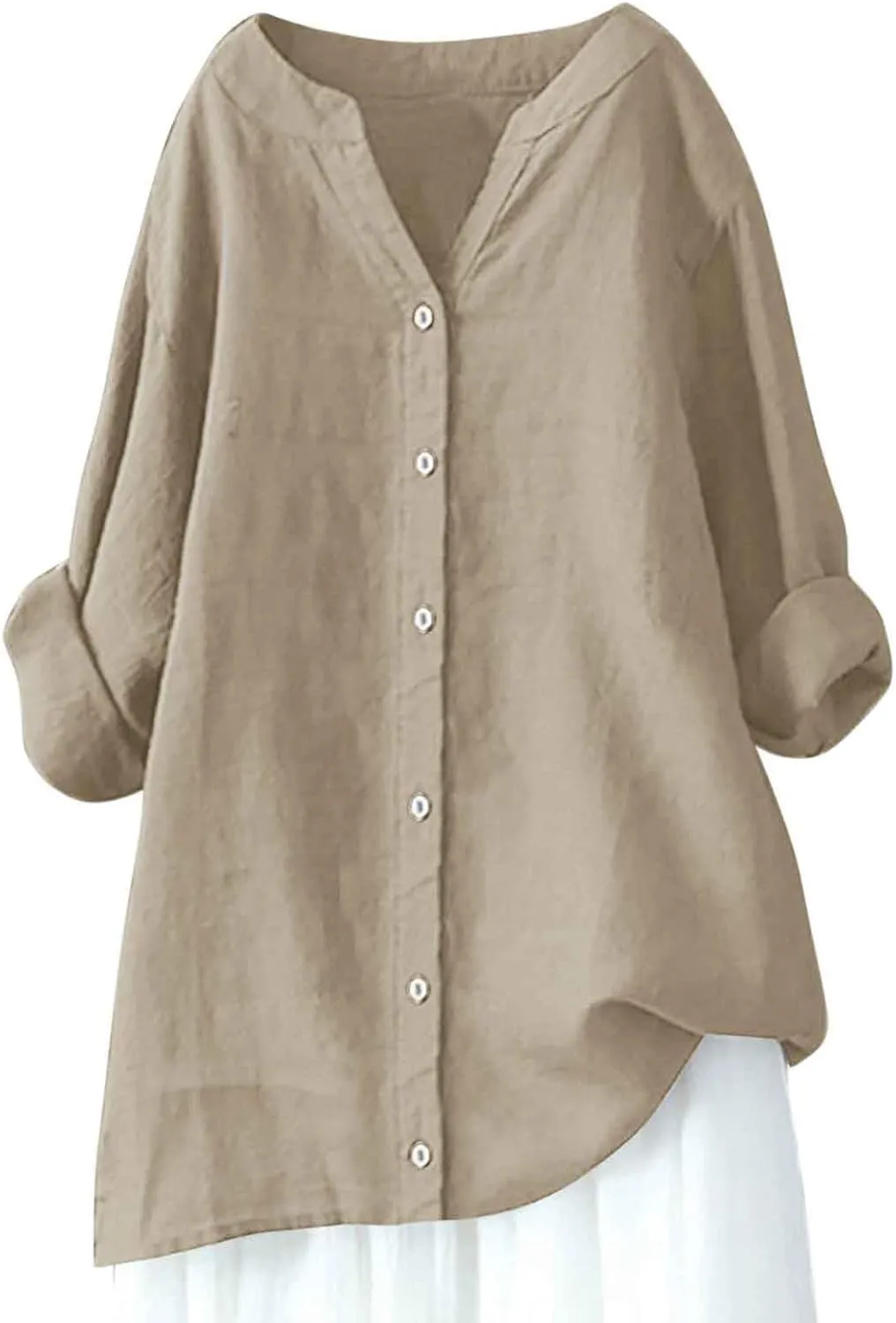 Cotton Linen Shirts for Women 2025 Buttons V Neck Long Sleeve Tshirt Plus Size Loose Blouses Dressy Casual Tunic Tops