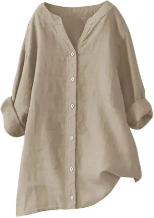 Cotton Linen Shirts for Women 2025 Buttons V Neck Long Sleeve Tshirt Plus Size Loose Blouses Dressy Casual Tunic Tops