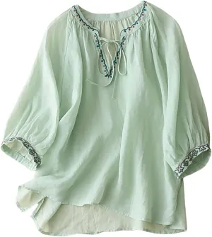 Cotton Linen Shirts for Women 2025 Trendy Summer Floral Embroidered 3/4 Sleeve Flowy Blouse Dressy Casual Boho Tops
