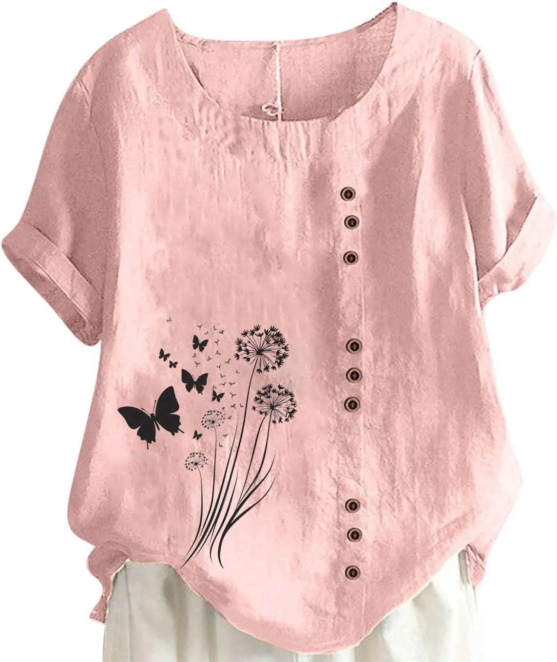 Cotton Linen Tops for Women Loose Fit Casual Roll Up Short Sleeve T-Shirt Trendy Cute Floral Print Blouse 2025 Summer