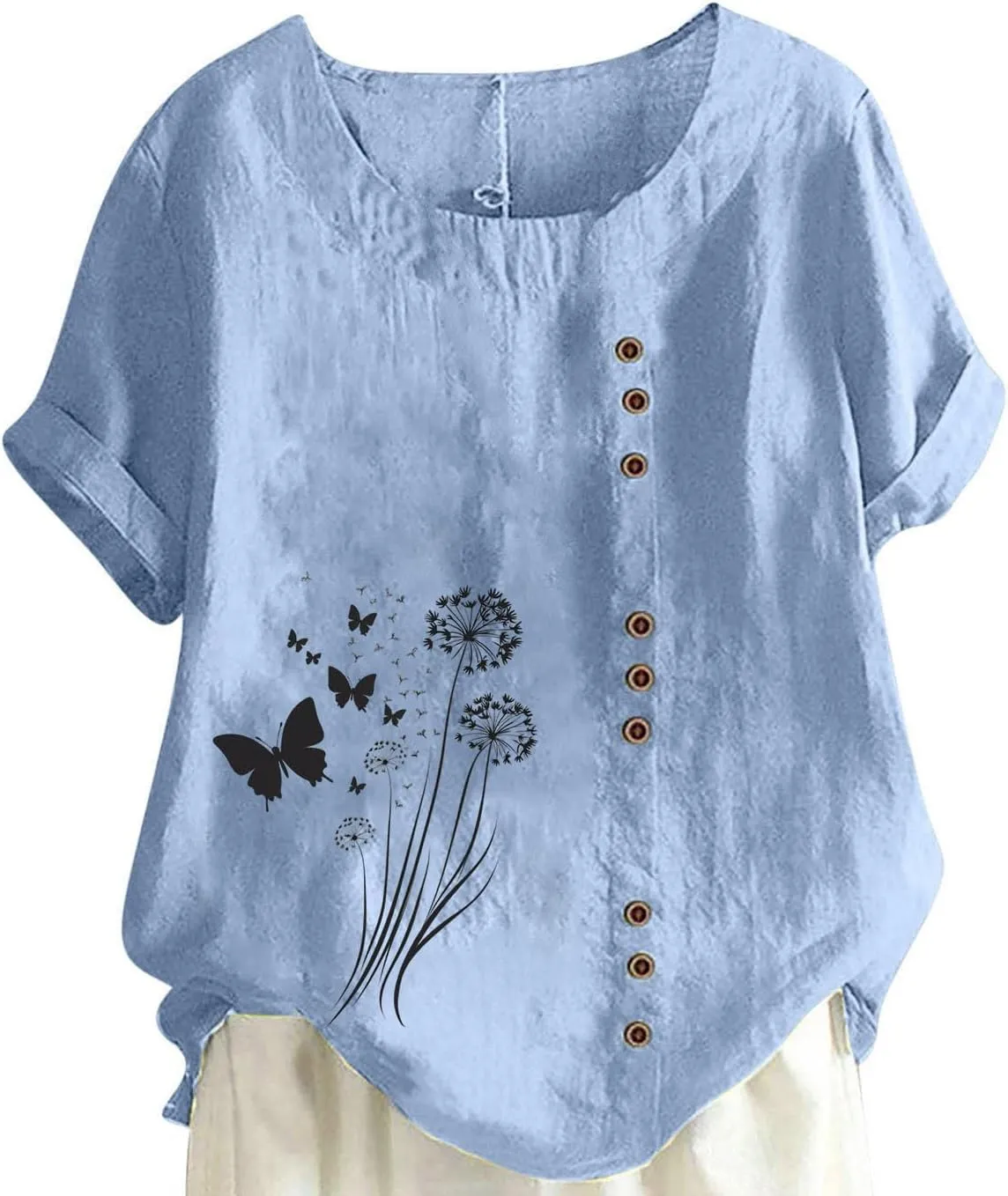 Cotton Linen Tops for Women Loose Fit Casual Roll Up Short Sleeve T-Shirt Trendy Cute Floral Print Blouse 2025 Summer
