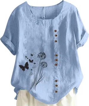 Cotton Linen Tops for Women Loose Fit Casual Roll Up Short Sleeve T-Shirt Trendy Cute Floral Print Blouse 2025 Summer