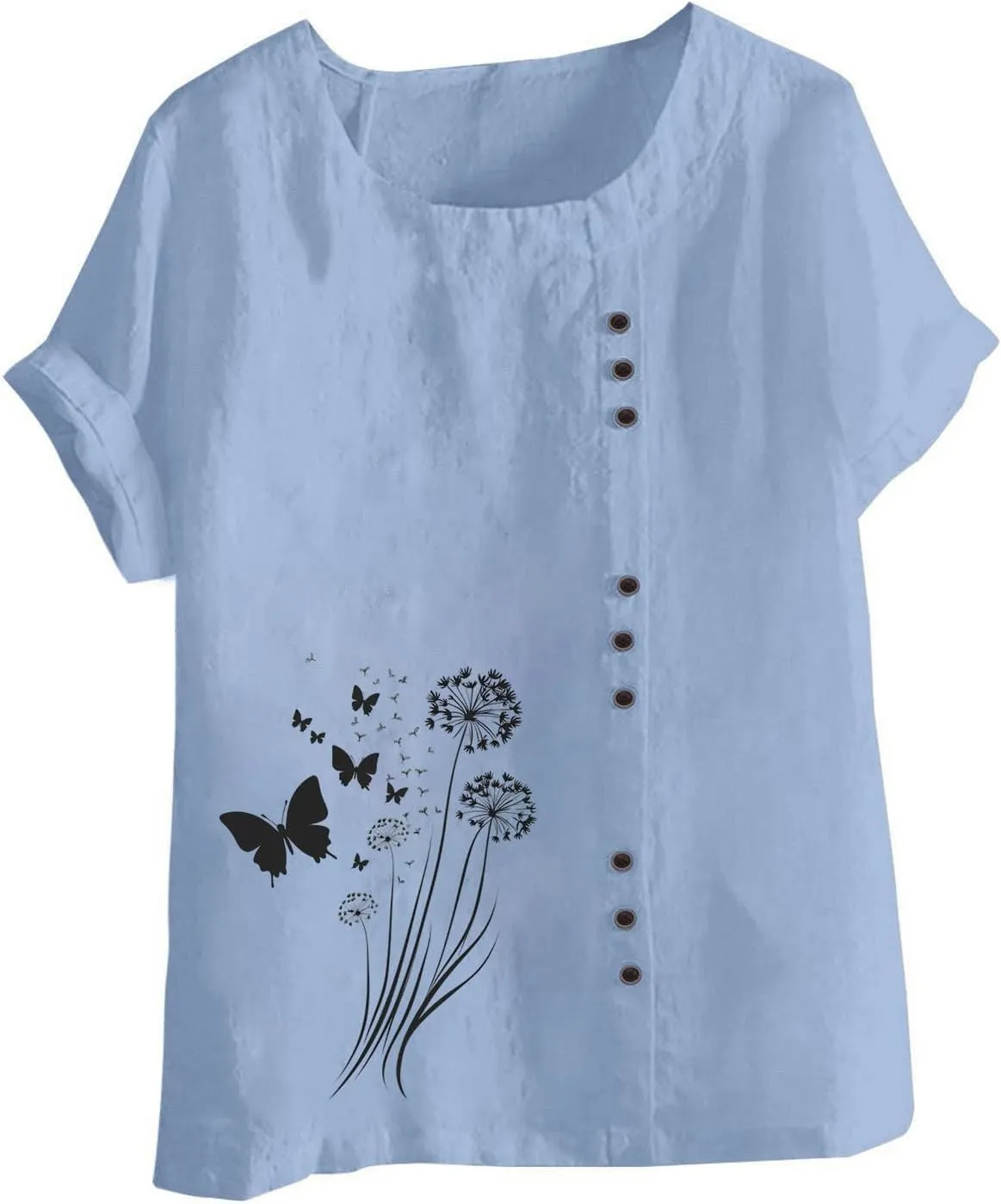 Cotton Linen Tops for Women Loose Fit Casual Roll Up Short Sleeve T-Shirt Trendy Cute Floral Print Blouse 2025 Summer