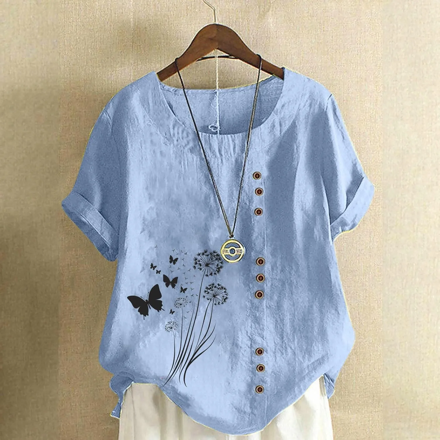 Cotton Linen Tops for Women Loose Fit Casual Roll Up Short Sleeve T-Shirt Trendy Cute Floral Print Blouse 2025 Summer