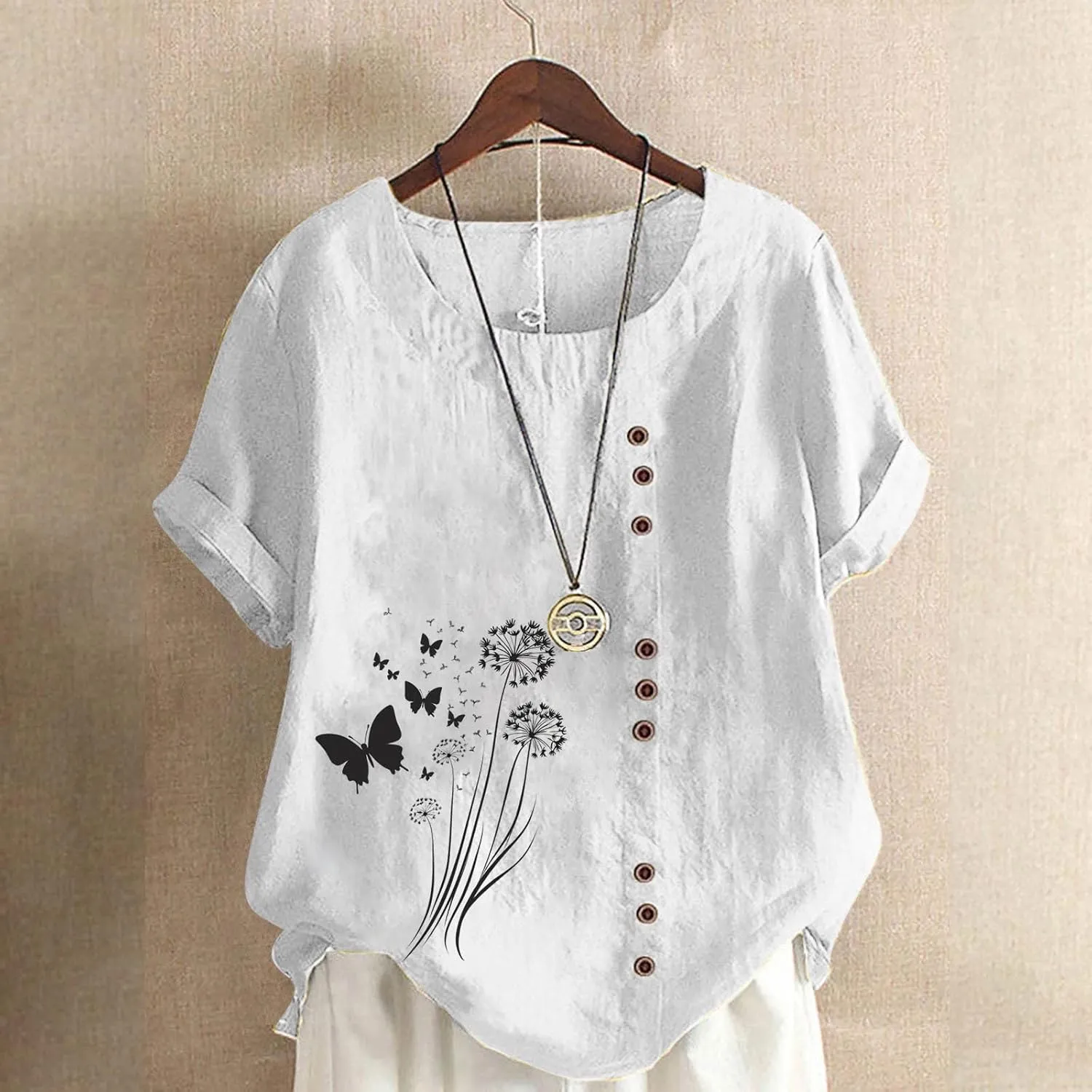 Cotton Linen Tops for Women Loose Fit Casual Roll Up Short Sleeve T-Shirt Trendy Cute Floral Print Blouse 2025 Summer