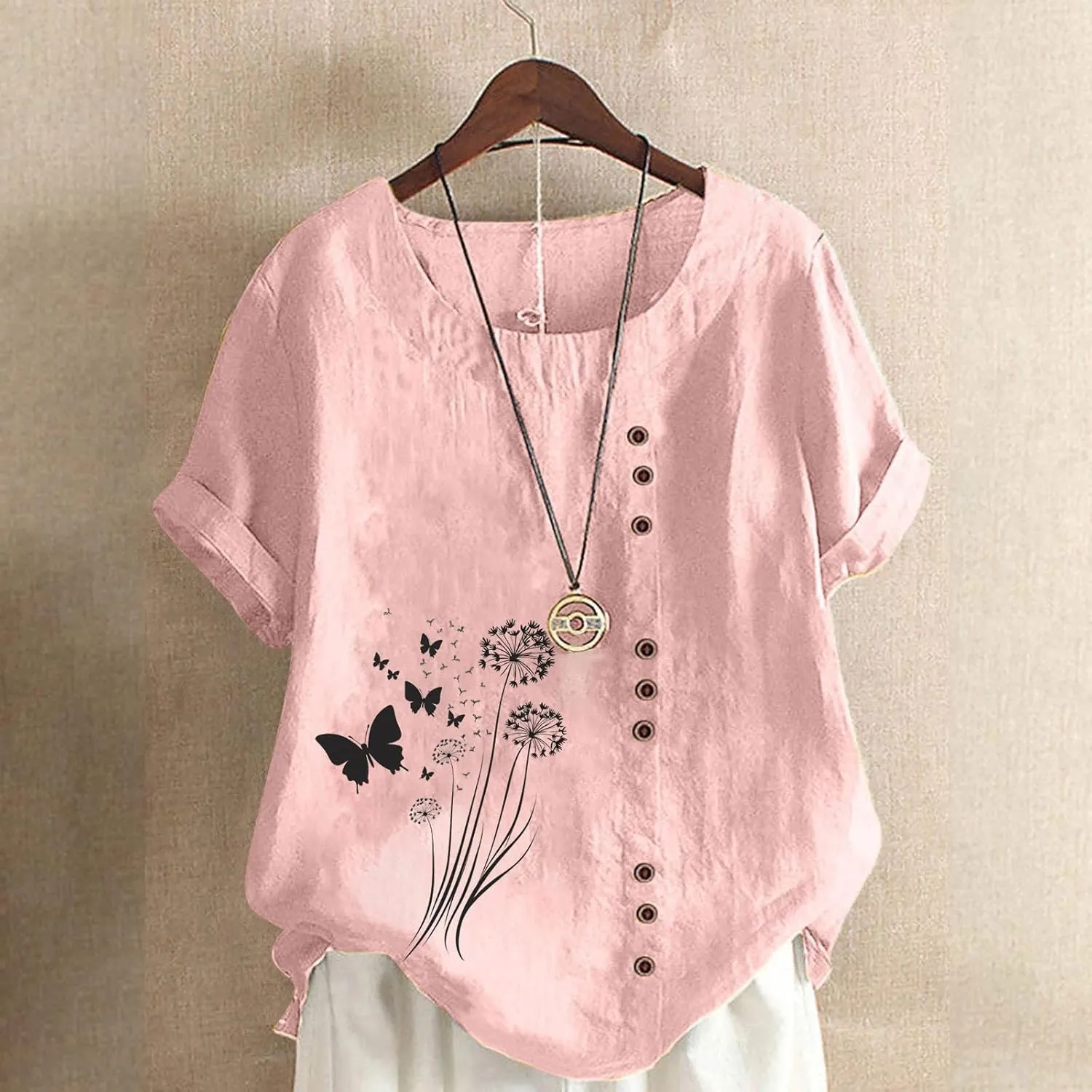 Cotton Linen Tops for Women Loose Fit Casual Roll Up Short Sleeve T-Shirt Trendy Cute Floral Print Blouse 2025 Summer