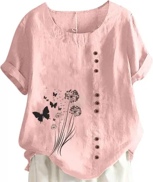 Cotton Linen Tops for Women Loose Fit Casual Roll Up Short Sleeve T-Shirt Trendy Cute Floral Print Blouse 2025 Summer