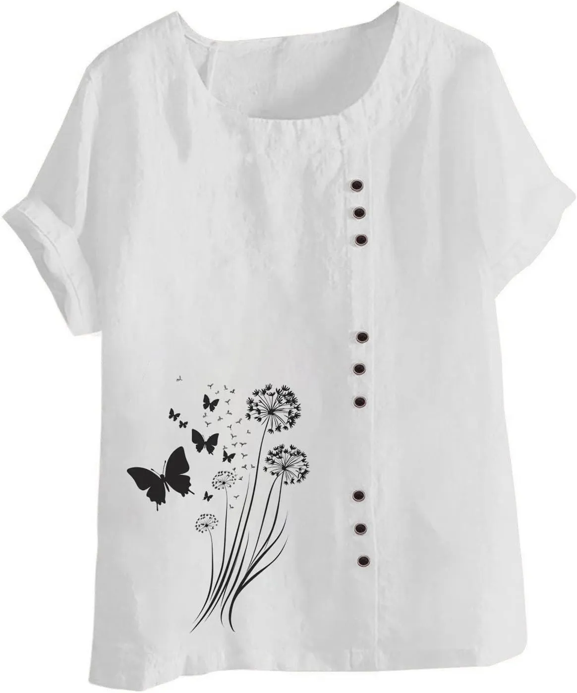Cotton Linen Tops for Women Loose Fit Casual Roll Up Short Sleeve T-Shirt Trendy Cute Floral Print Blouse 2025 Summer