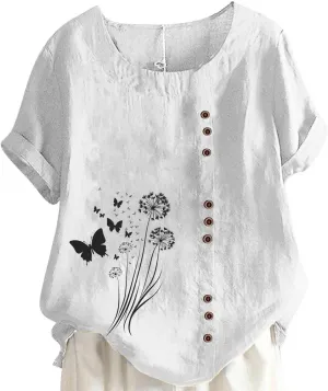 Cotton Linen Tops for Women Loose Fit Casual Roll Up Short Sleeve T-Shirt Trendy Cute Floral Print Blouse 2025 Summer