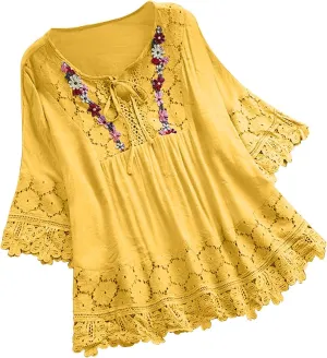 Cotton Linen Tops for Women Vintage Lace Patchwork Bow V-Neck Embroidery Shirts 3/4 Bell Sleeve Plus Size Blouse