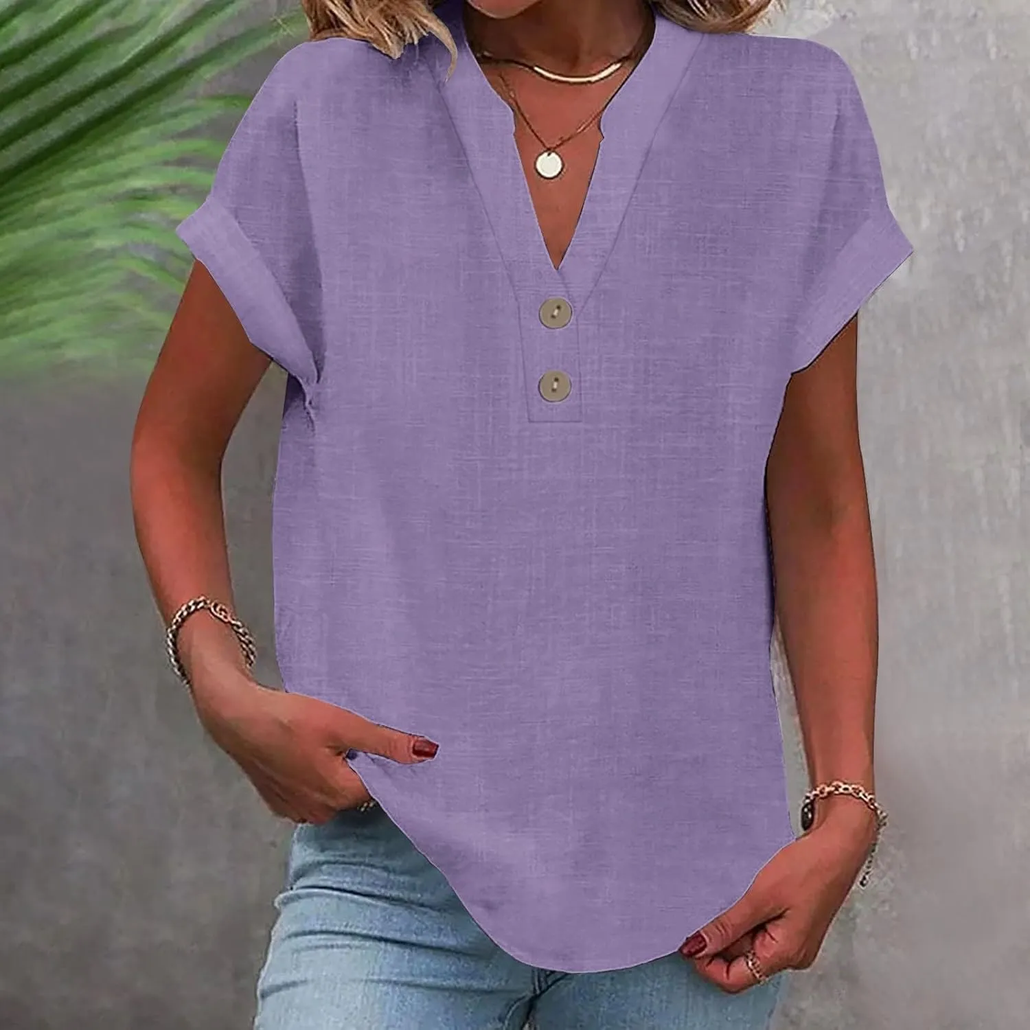 Cotton T Shirts Women Casual Short Sleeve Button V Neck Tops Loose Fit Basic Business Summer Boho Tee Shirt