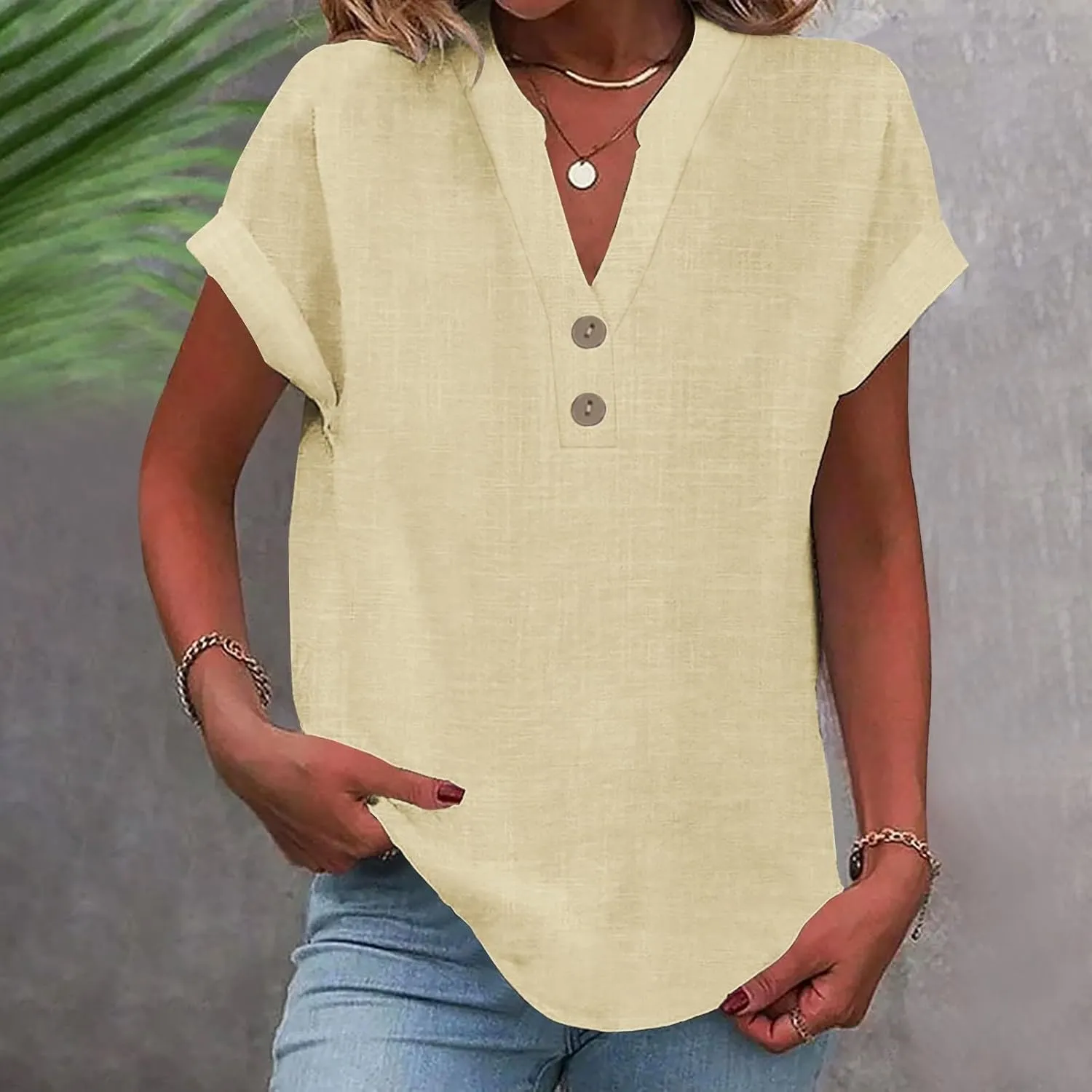 Cotton T Shirts Women Casual Short Sleeve Button V Neck Tops Loose Fit Basic Business Summer Boho Tee Shirt