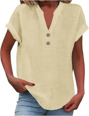 Cotton T Shirts Women Casual Short Sleeve Button V Neck Tops Loose Fit Basic Business Summer Boho Tee Shirt