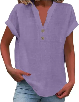 Cotton T Shirts Women Casual Short Sleeve Button V Neck Tops Loose Fit Basic Business Summer Boho Tee Shirt