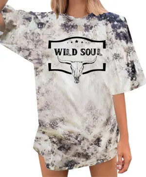 Country Shirts for Women Western Cowgirl Tshirt Oversized Cow Skull Graphic Tees Tops