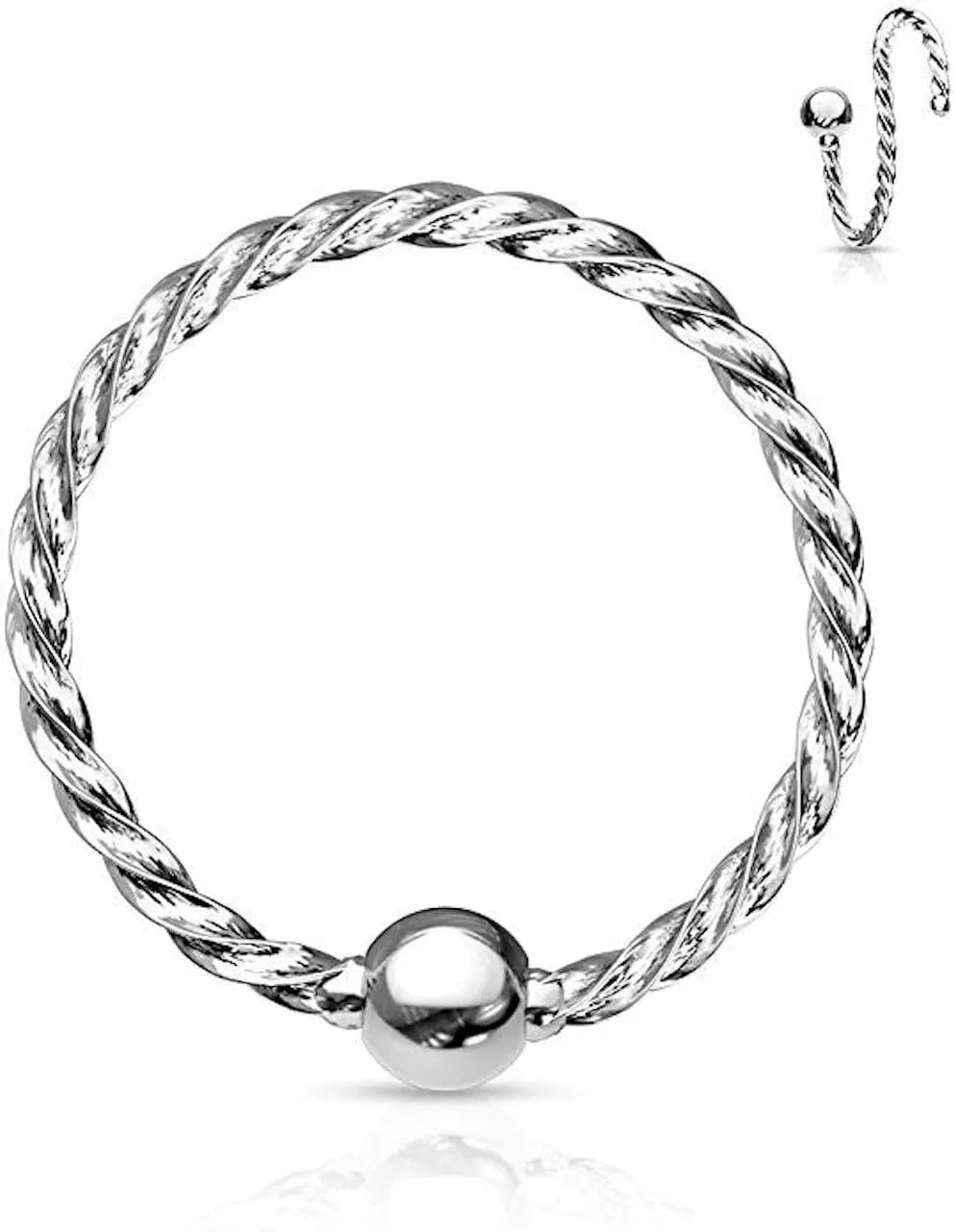 Covet Jewelry One Side Fixed Ball Twisted Rope 316L Surgical Steel Nose Hoop Rings
