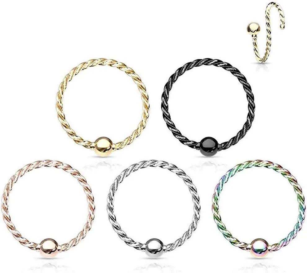 Covet Jewelry One Side Fixed Ball Twisted Rope 316L Surgical Steel Nose Hoop Rings