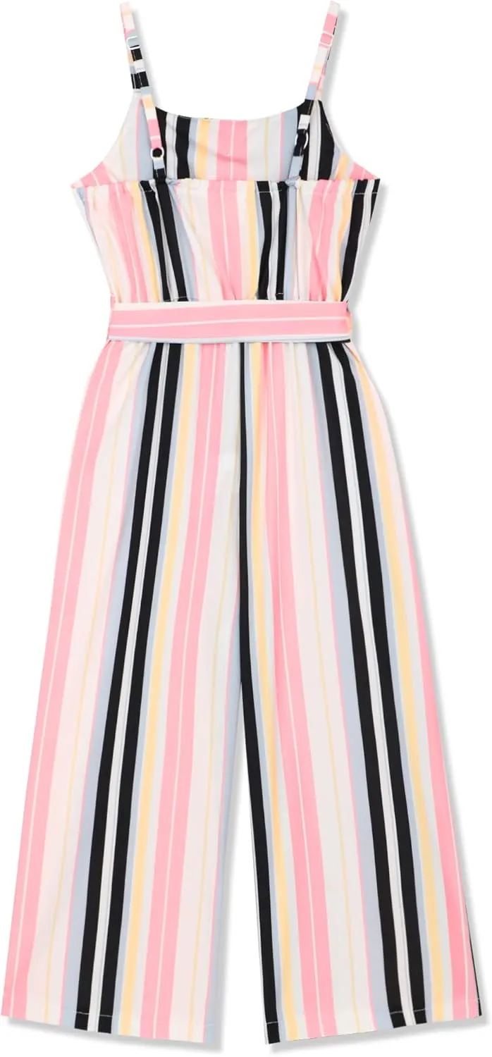 Crazyme Girls Jumpsuit Striped Sleeveless Girl Casual Rompers Suspender Wide Leg Pants with Belt Jumpsuit for Girls 4-13Y