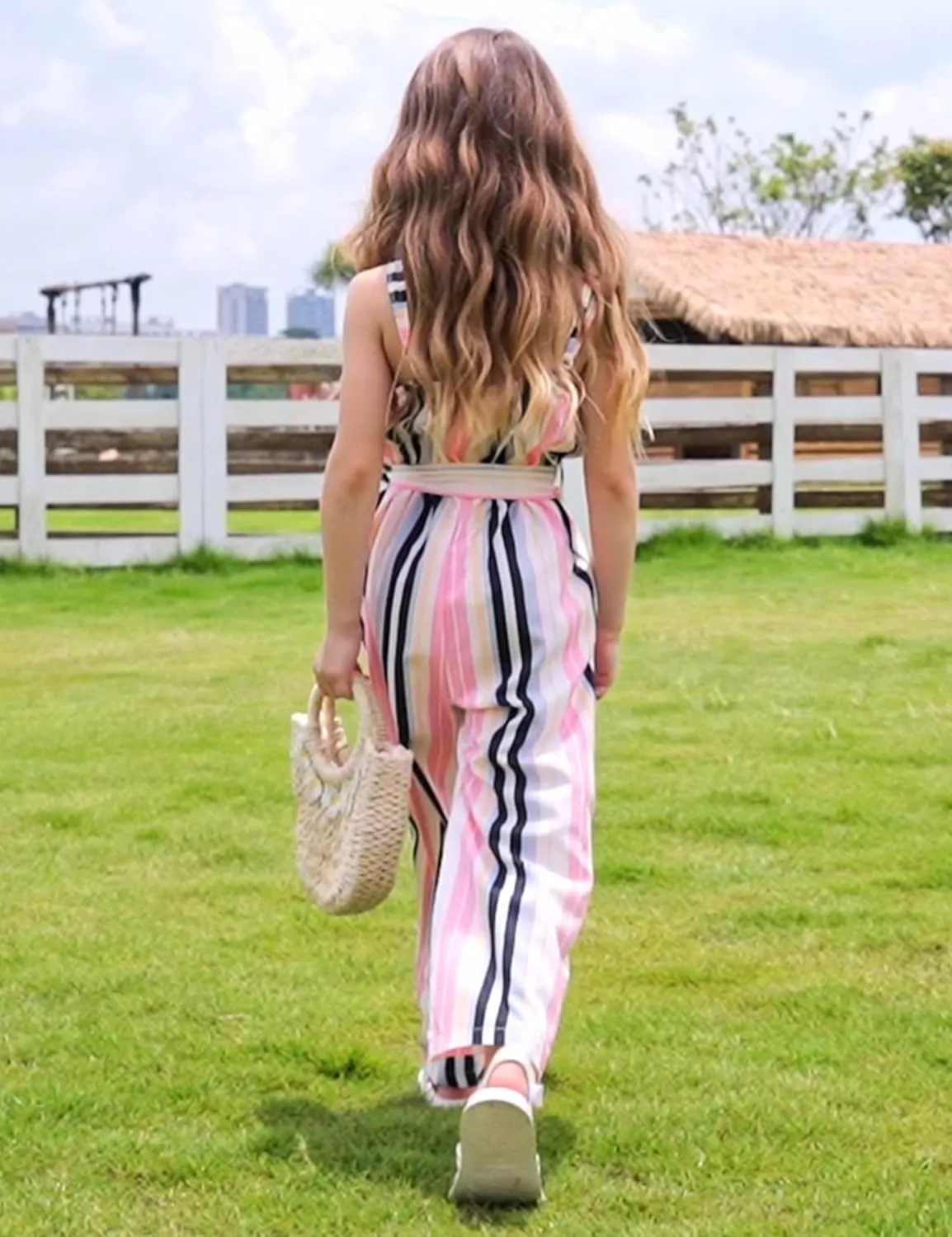 Crazyme Girls Jumpsuit Striped Sleeveless Girl Casual Rompers Suspender Wide Leg Pants with Belt Jumpsuit for Girls 4-13Y