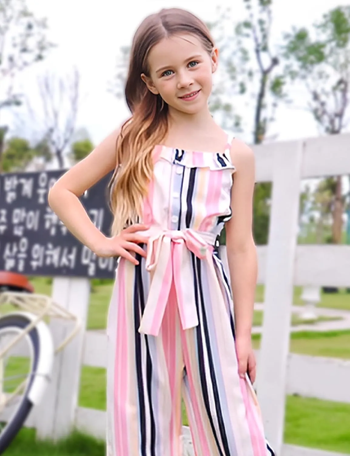 Crazyme Girls Jumpsuit Striped Sleeveless Girl Casual Rompers Suspender Wide Leg Pants with Belt Jumpsuit for Girls 4-13Y