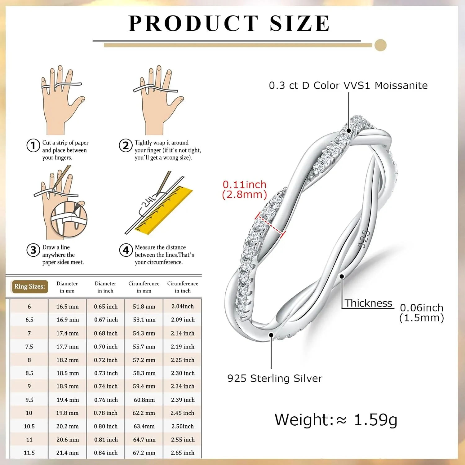 Crisss Cross Ring, Moissanite Wedding Band, 14K Gold Plated Sterling Silver Wedding Rings for Women Stackable Bezel/Curve/Wishbone Eternity Ring for Her, Size 6-10