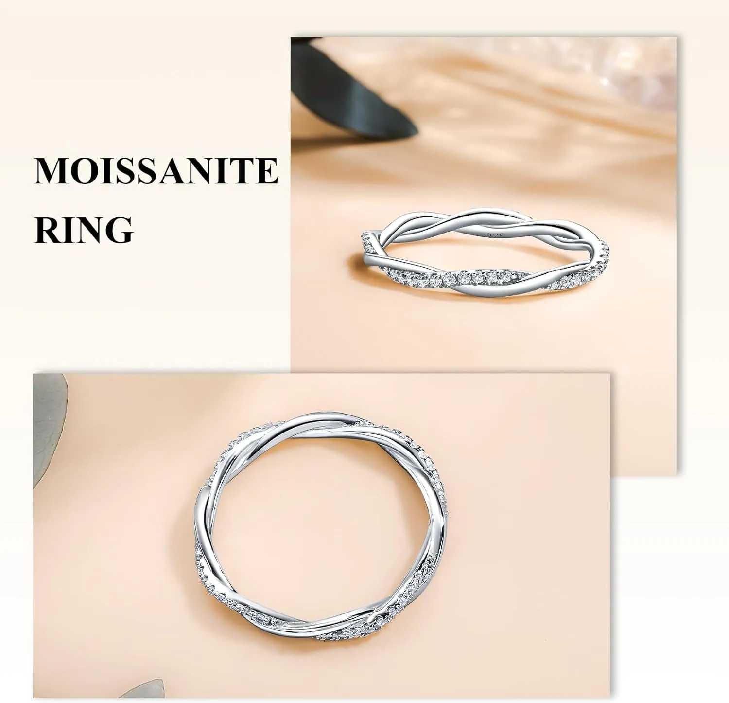Crisss Cross Ring, Moissanite Wedding Band, 14K Gold Plated Sterling Silver Wedding Rings for Women Stackable Bezel/Curve/Wishbone Eternity Ring for Her, Size 6-10