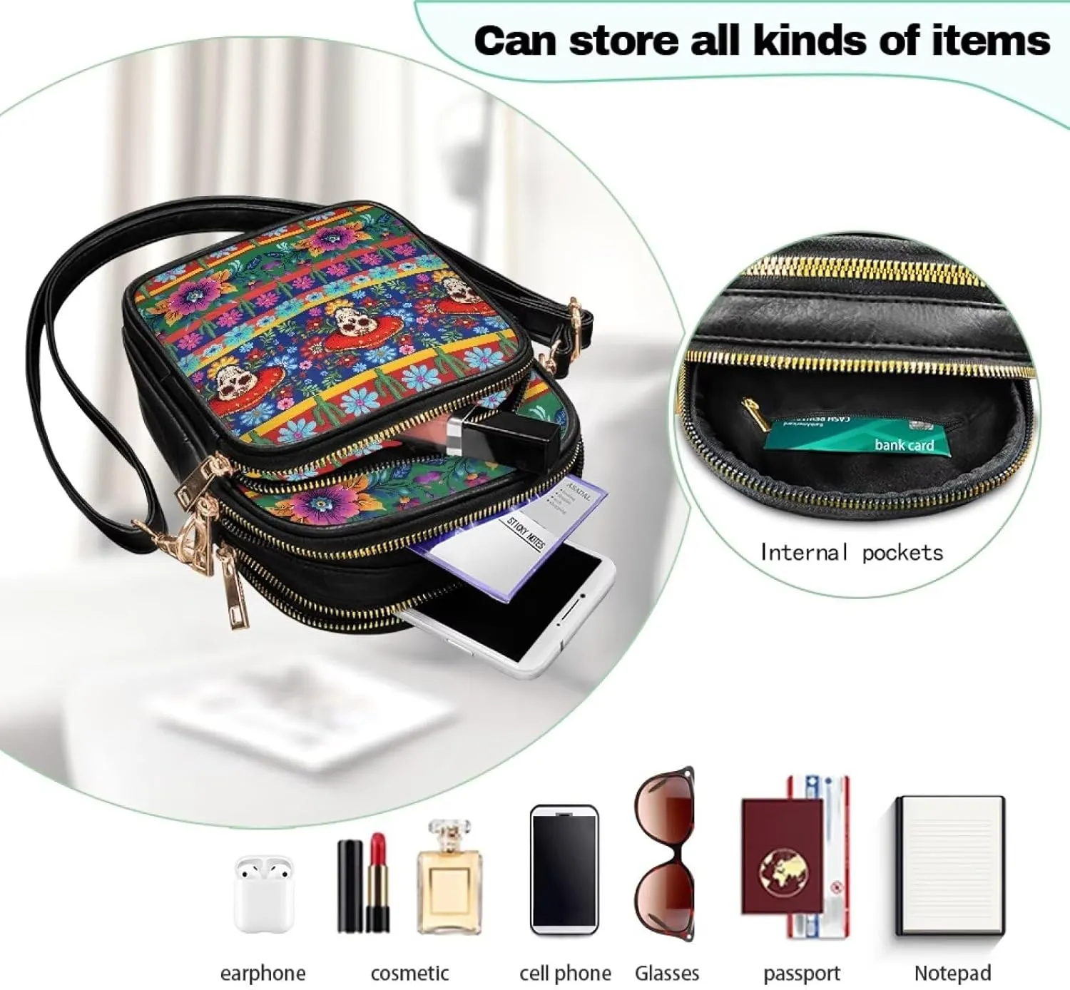 Crossbody Bags for Women Mexican Pattern Shoulder Phone Purses, PU Leather Travel Pouch Shoulder Bag Zip Pockets