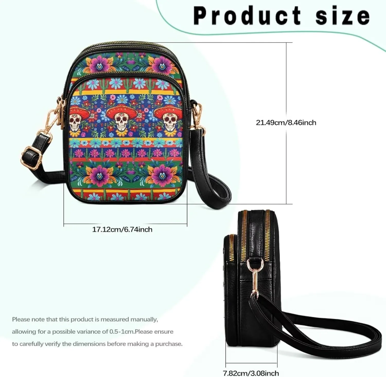 Crossbody Bags for Women Mexican Pattern Shoulder Phone Purses, PU Leather Travel Pouch Shoulder Bag Zip Pockets