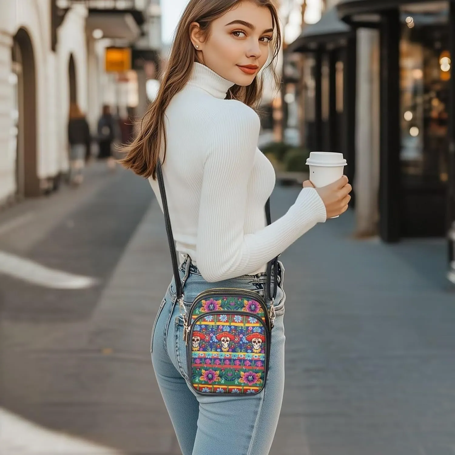 Crossbody Bags for Women Mexican Pattern Shoulder Phone Purses, PU Leather Travel Pouch Shoulder Bag Zip Pockets