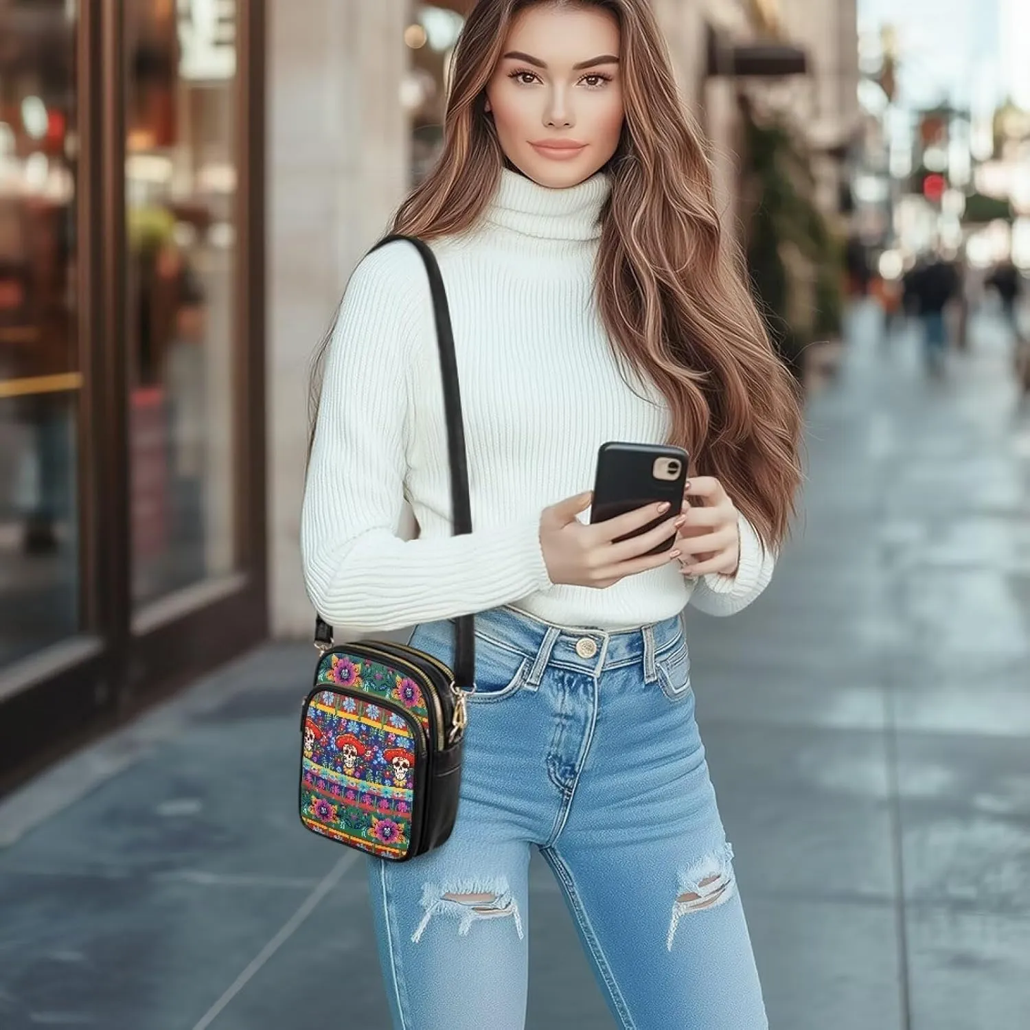 Crossbody Bags for Women Mexican Pattern Shoulder Phone Purses, PU Leather Travel Pouch Shoulder Bag Zip Pockets
