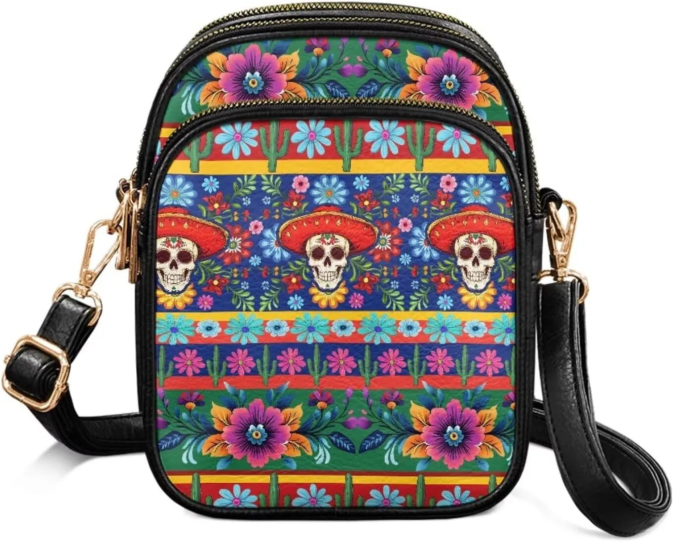Crossbody Bags for Women Mexican Pattern Shoulder Phone Purses, PU Leather Travel Pouch Shoulder Bag Zip Pockets