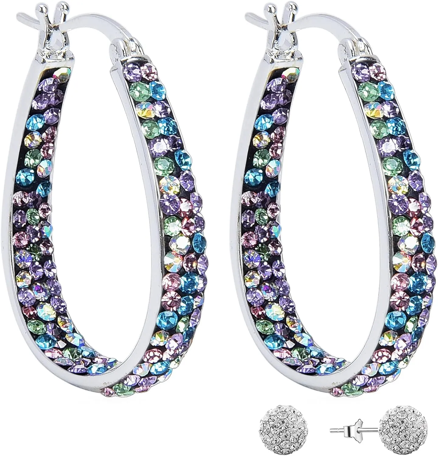 Crystal Hoop Earrings for Women Sparkly American Flag Earrings Silver Plated Red White and Blue Earrings Patriotic Jewelry Gift