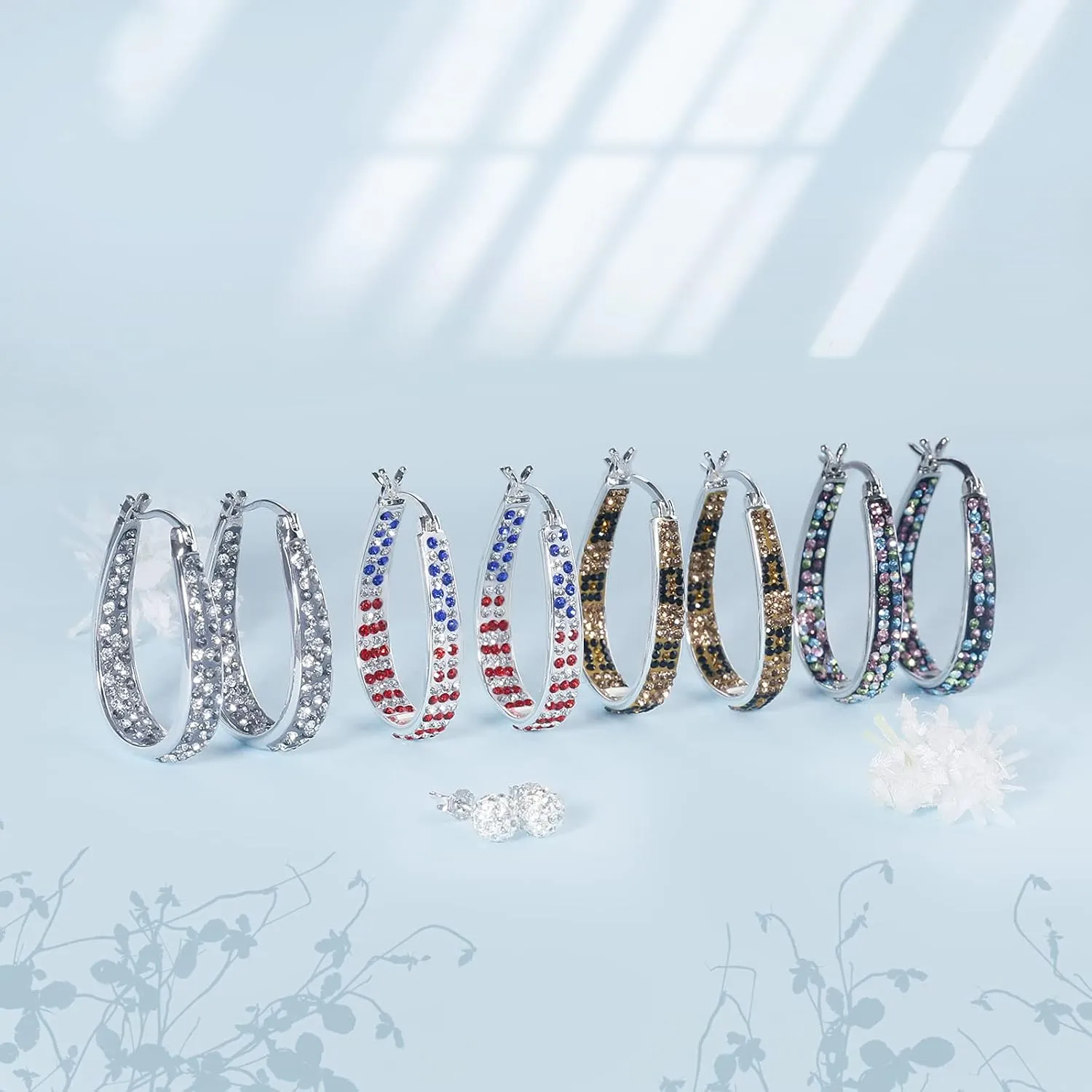 Crystal Hoop Earrings for Women Sparkly American Flag Earrings Silver Plated Red White and Blue Earrings Patriotic Jewelry Gift