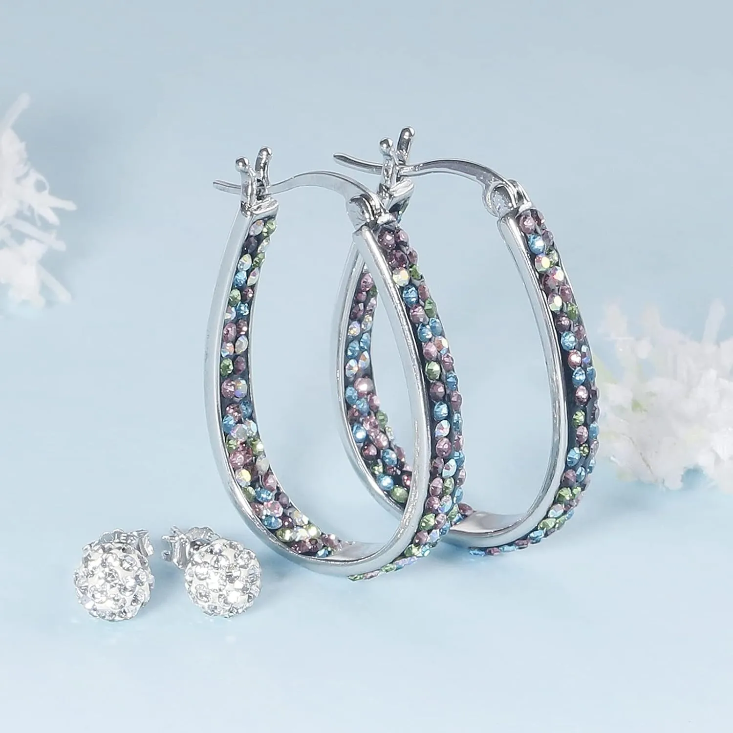 Crystal Hoop Earrings for Women Sparkly American Flag Earrings Silver Plated Red White and Blue Earrings Patriotic Jewelry Gift