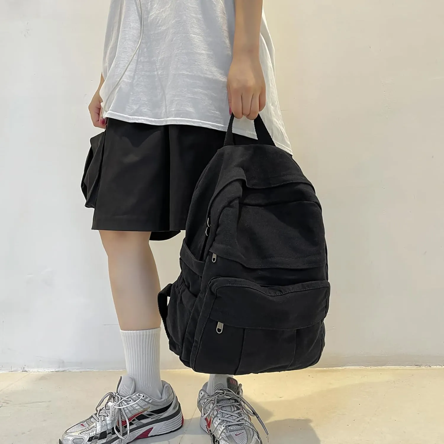 Cute Canvas Backpacks for Women Girls, Aesthetic Laptop Bookbag Vintage Backpack for College High School, Black