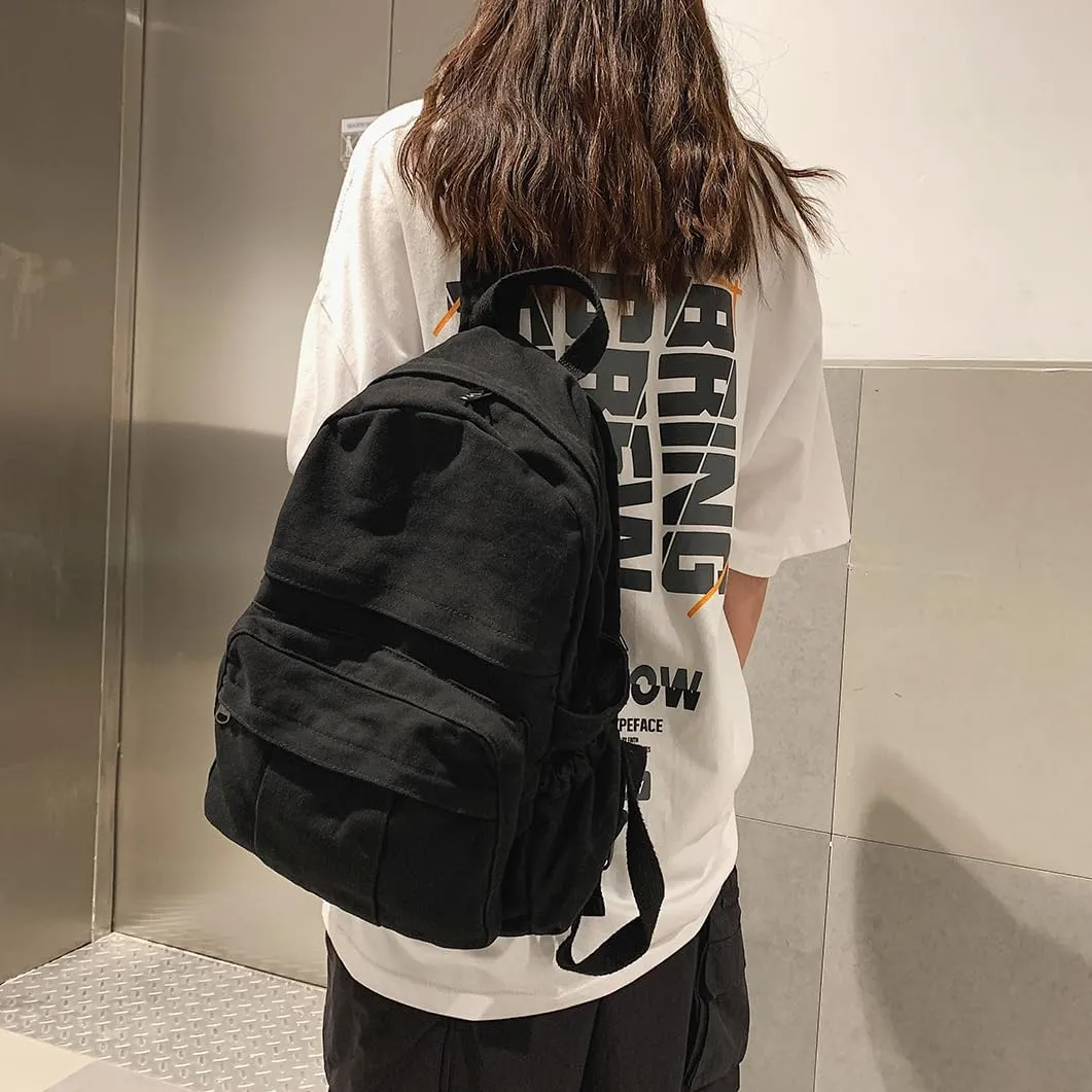 Cute Canvas Backpacks for Women Girls, Aesthetic Laptop Bookbag Vintage Backpack for College High School, Black