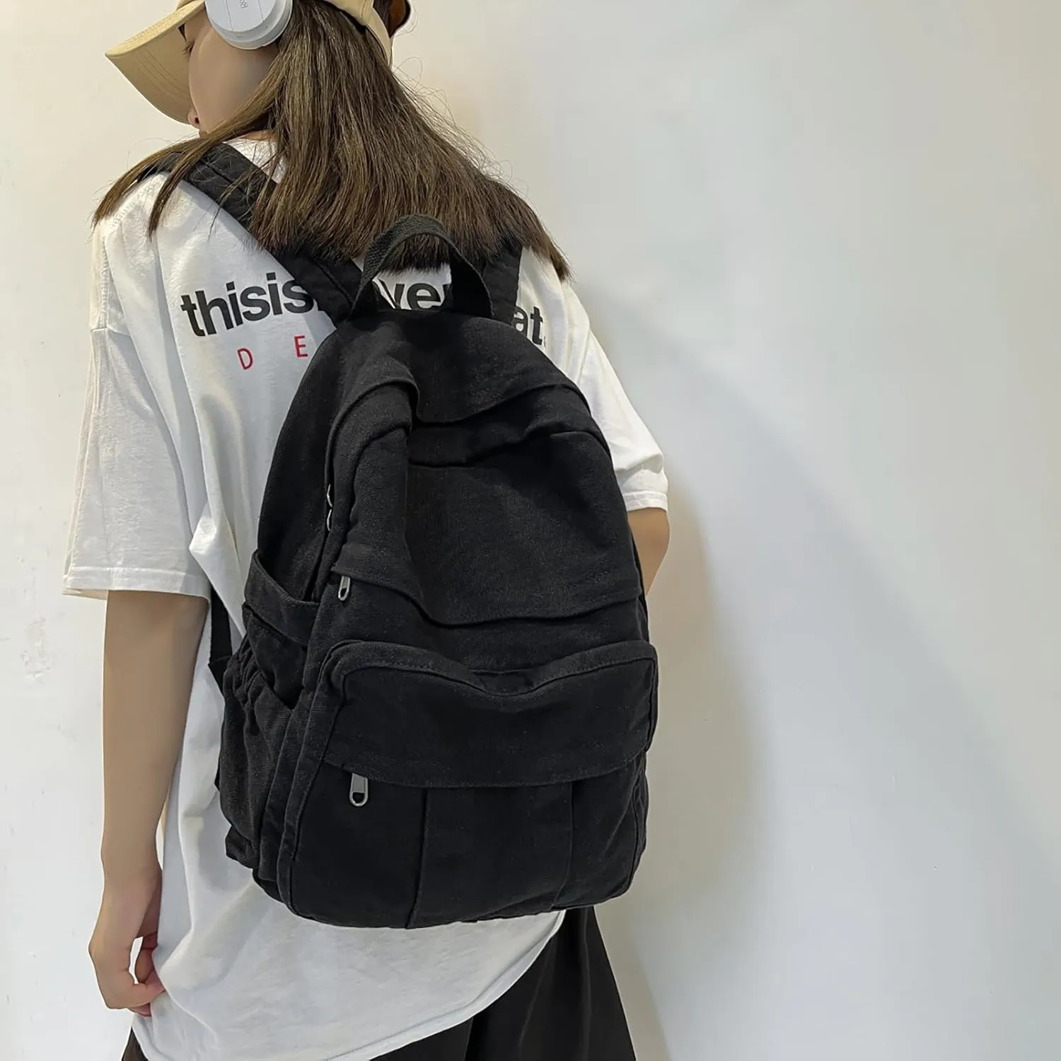 Cute Canvas Backpacks for Women Girls, Aesthetic Laptop Bookbag Vintage Backpack for College High School, Black