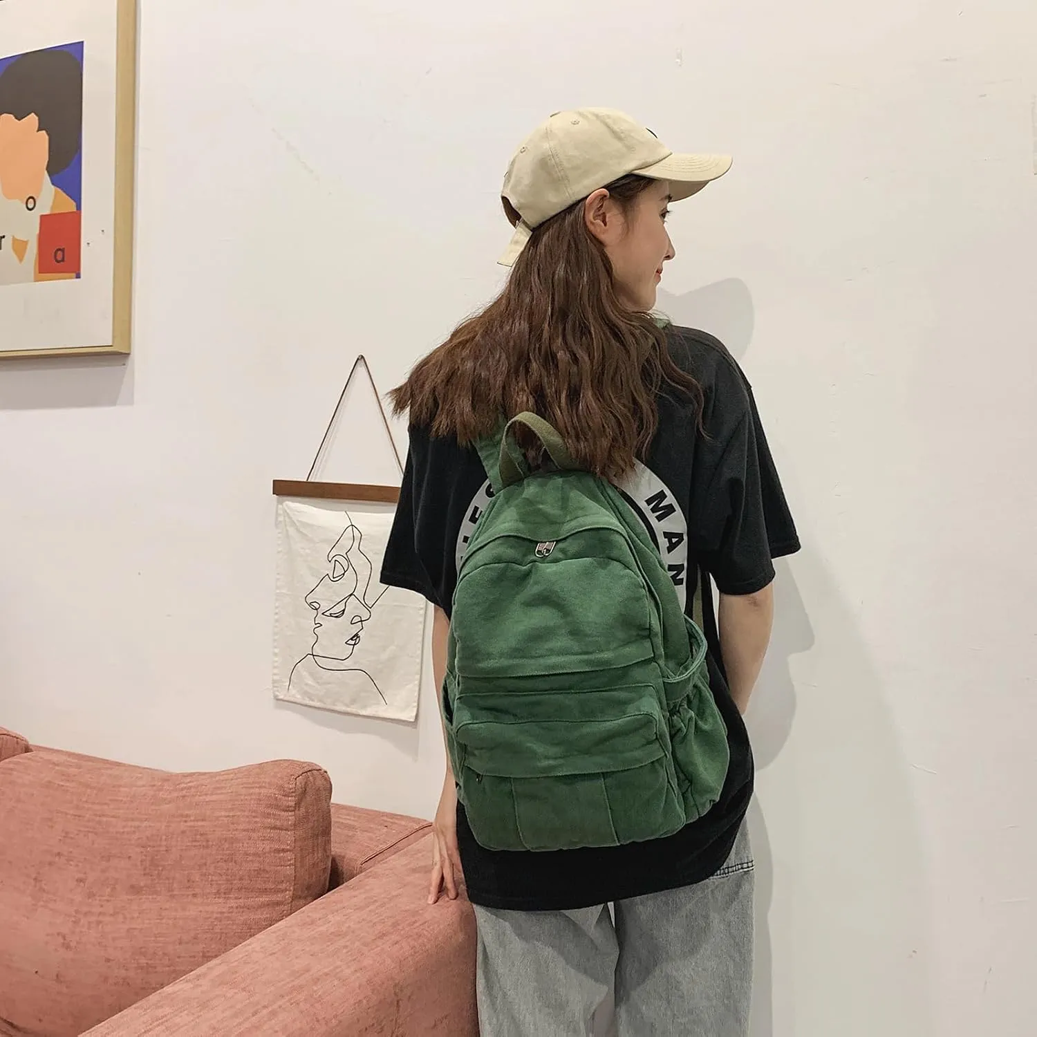 Cute Canvas Backpacks for Women Girls, Aesthetic Laptop Bookbag Vintage Backpack for College High School