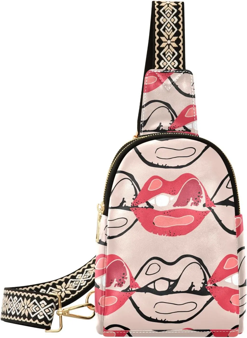 Cute Lips Fanny Pack Crossbody PC Leather Small Sling Bag for Women Watercolor Red Mouth Fashion Waist Packs Chest Bag for Travel Sports Running Hiking
