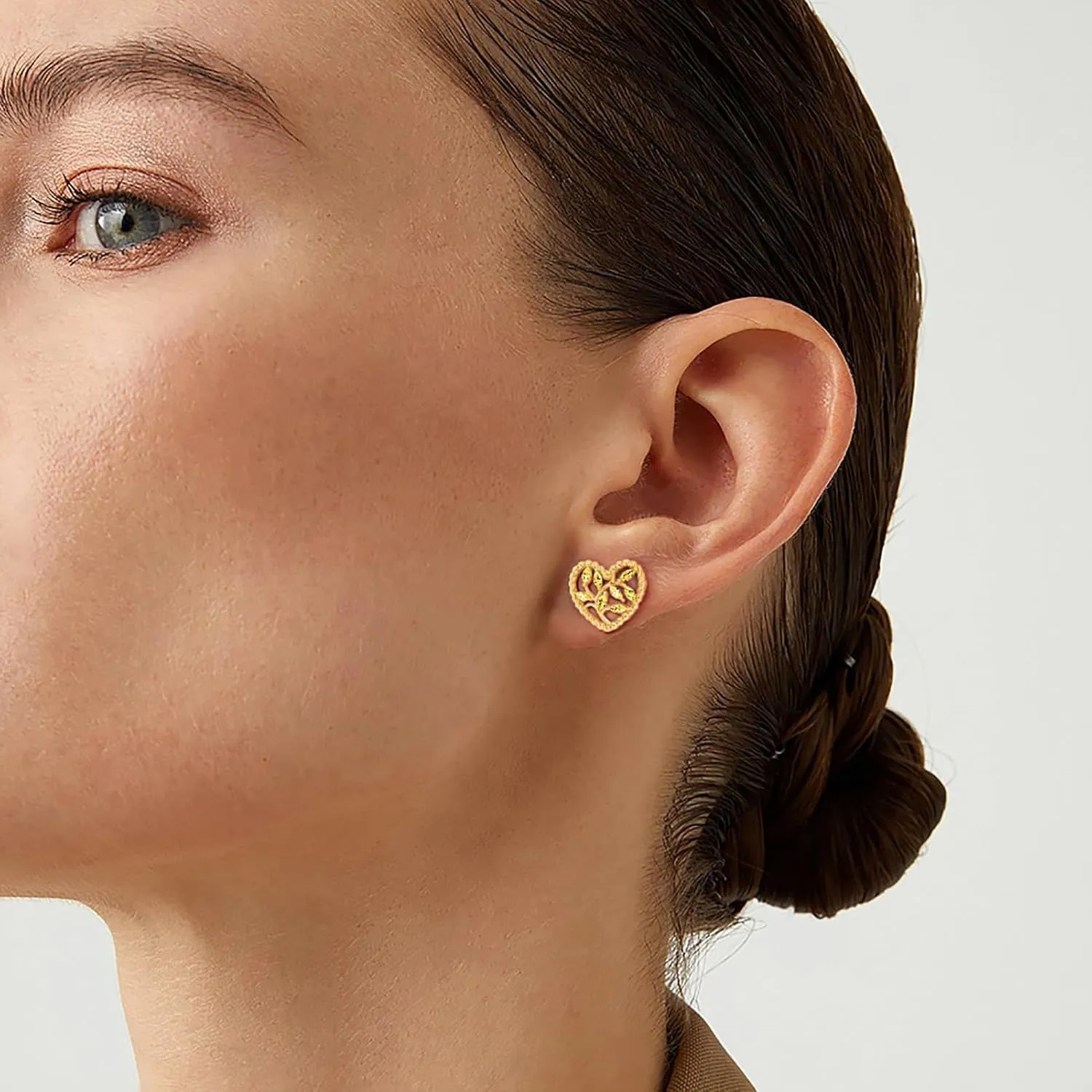 Daffany Heart Stud Earrings Olive Leaf Twisted Rope Two-Tone 18K Gold Plated Earring Studs Inlaid with Birthstones Jewelry for Women