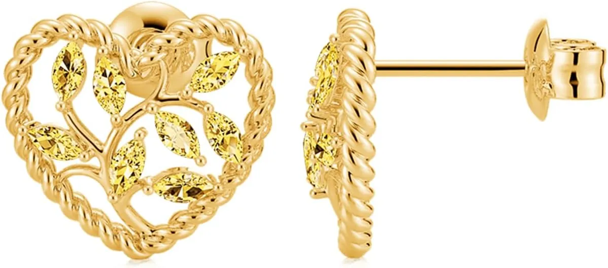 Daffany Heart Stud Earrings Olive Leaf Twisted Rope Two-Tone 18K Gold Plated Earring Studs Inlaid with Birthstones Jewelry for Women