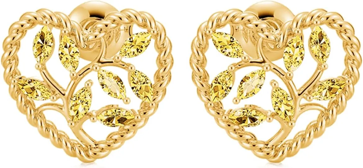 Daffany Heart Stud Earrings Olive Leaf Twisted Rope Two-Tone 18K Gold Plated Earring Studs Inlaid with Birthstones Jewelry for Women