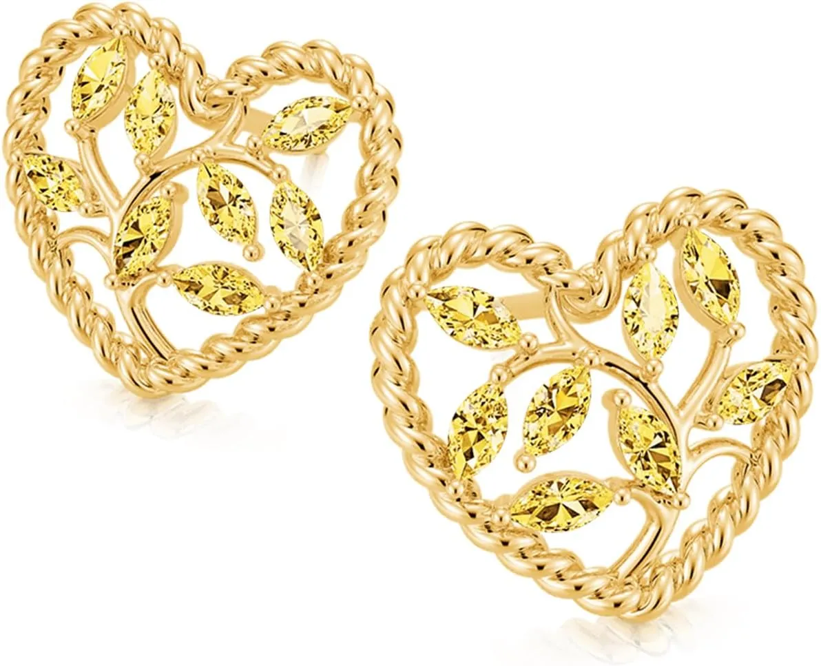 Daffany Heart Stud Earrings Olive Leaf Twisted Rope Two-Tone 18K Gold Plated Earring Studs Inlaid with Birthstones Jewelry for Women