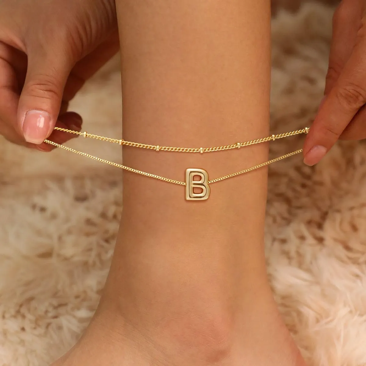 Dainty Bubble A-Z Layered Anklets - Waterproof 14K Gold Plated Initial Satellite Box Chain Ankle Bracelets for Women No tarnish - Fashion Summer Jewelry Gifts