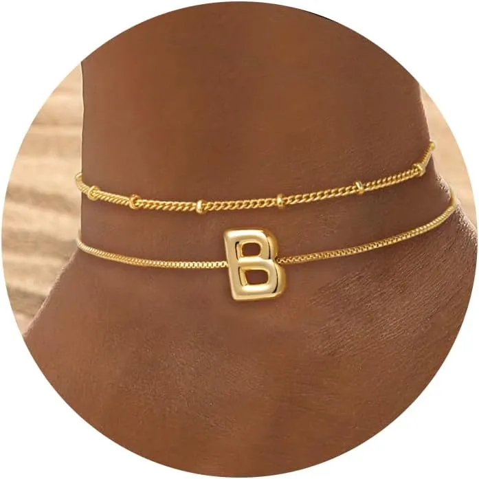 Dainty Bubble A-Z Layered Anklets - Waterproof 14K Gold Plated Initial Satellite Box Chain Ankle Bracelets for Women No tarnish - Fashion Summer Jewelry Gifts
