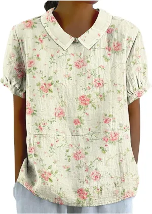 DASAYO Cute Tops for Women Peter Pan Collar Short Sleeve Linen Shirts Plus Size Floral Blouses Dressy Casual Summer Clothes