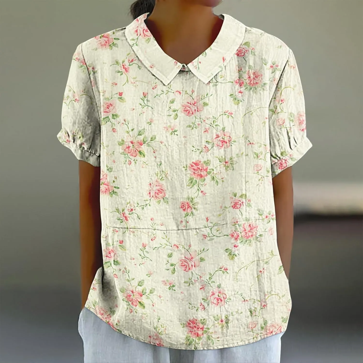 DASAYO Cute Tops for Women Peter Pan Collar Short Sleeve Linen Shirts Plus Size Floral Blouses Dressy Casual Summer Clothes