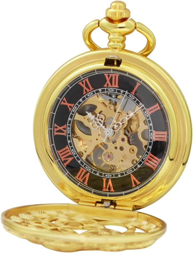 Dentily Hand Winding Hollow Roman Numerals Mechanical Pocket Watch Steampunk Mens Watches